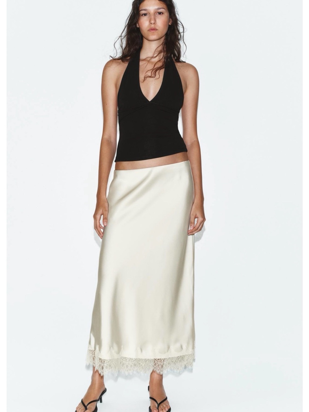 Zara Ivory Satin Maxi Skirt with Lace Hem